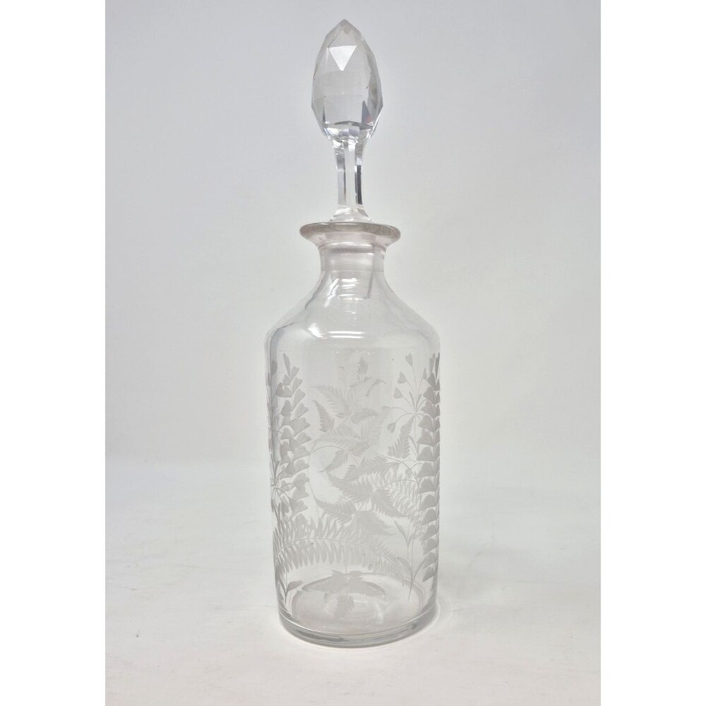 Etched Glass Liquor Decanter w\ Stopper - Flower & Leaf Pattern 12 x 3 in.